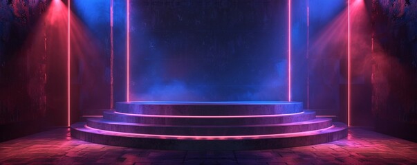 Empty round podium illuminating by spotlights and neon lights on dark background - Powered by Adobe