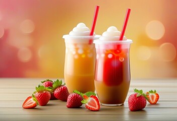 A cup of bubble milk tea with tapioca pearls and a strawberry jam swirl on top