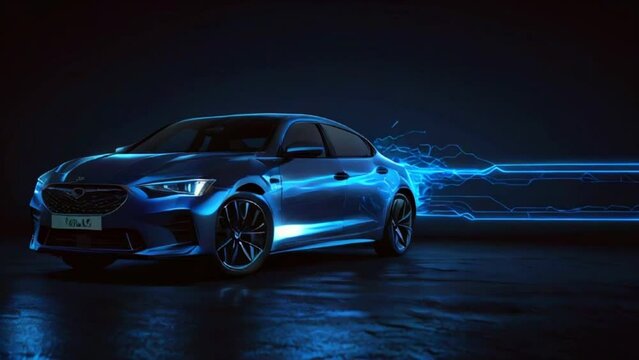 A blue four-door sedan with a glowing blue streak on the side.