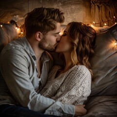 Couple kissing and hugging on sofa, valentine's day celebration, romantic relationship, happy man and woman