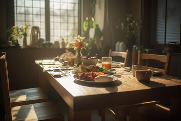 家, 部屋, ダイニング, テーブル, 料理, 夕暮れ, 食事, house, room, dining, table, cooking, sunset, meal
