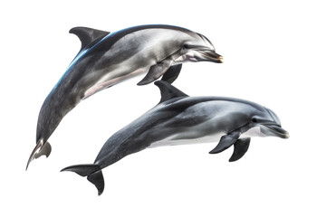 Two dolphins swimming together against a transparent background. showcasing their sleek bodies and playful nature, perfect for marine life imagery.