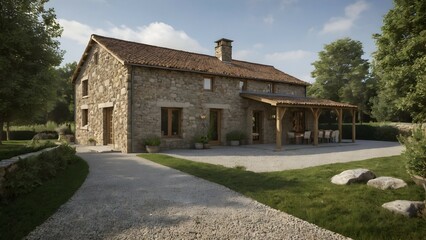 Fototapeta premium A modest rustic farmhouse on the ground floor with stone and cement cladding.