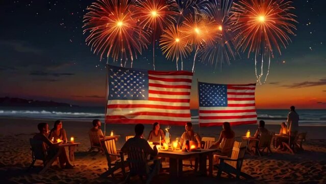 There are two American flags planted in the sand on a beach with a picnic table in front of them. There are 7 people sitting around the table.