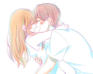 抱き合って笑い合う男女　夏