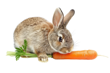 Cute brown bunny rabbit sitting next to an orange carrot isolated on a transparent background. Perfect for Easter and agricultural themes.