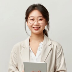 Young asian woman isolated, company worker in glasses, smiling and holding digital tablet