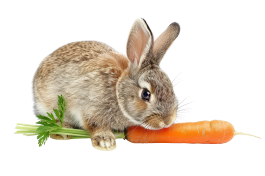 Cute brown bunny rabbit sitting next to an orange carrot isolated on a transparent background. Perfect for Easter and agricultural themes.