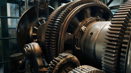 Fototapeta premium Close-up, heavy factory machinery gears, no humans, emphasis on safety mechanisms, industrial setting, cold light 