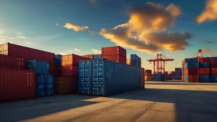 Video shows a container terminal at a seaport with large container ships in the background.