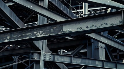 Fototapeta premium Close-up of factory steel beams, intricate architecture, no people, cool gray tones, sharp focus, dim lighting