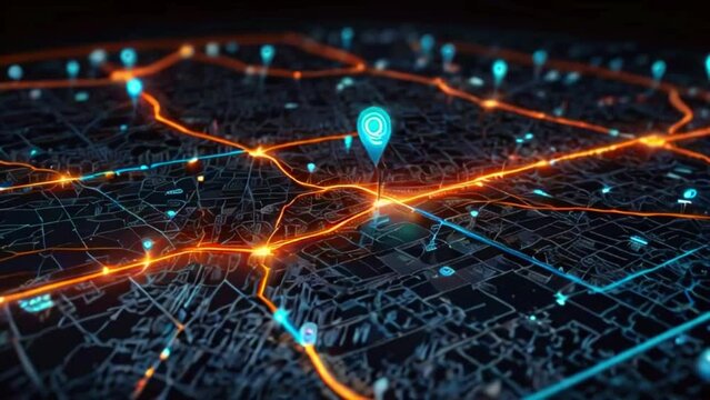 A dark digital map with glowing orange and blue lines and dots representing roads and locations.
