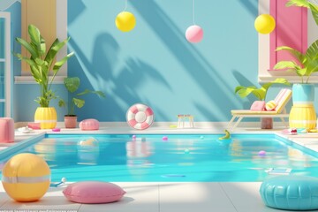 Fototapeta premium Vibrant Summer Poolside Scene with Colorful Decorations for Relaxation and Fun - Ideal for Design, Print, Card, Poster