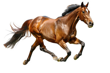 Obraz premium Dynamic image of a powerful brown horse running with grace, depicting strength and freedom, perfect for equestrian themes and nature projects.