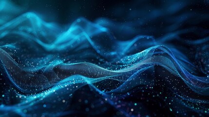 Abstract digital waves with particles and lines in blue and white, suggesting a dynamic flow of energy or data