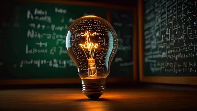 A light bulb that is turned on with a blackboard with math equations written on it in the background. - Powered by Adobe
