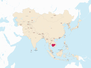 Highlighted red map of CAMBODIA inside light red detailed political map of Asia using orthographic projection on white and blue background