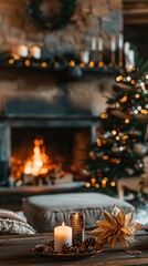 The room is lit by candles and the atmosphere is warm and inviting. A cozy living room with a fireplace and a Christmas tree.