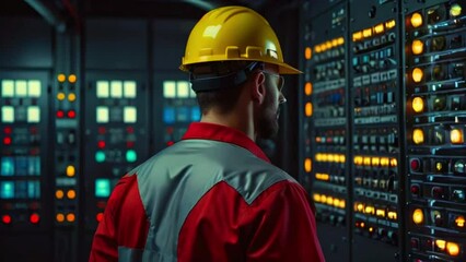 A man in a yellow hard hat and red coveralls is looking at a large electrical control panel.