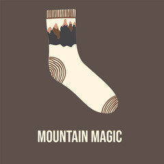 Textile children's sock with mountains and Mountain Magic inscription, vector, poster