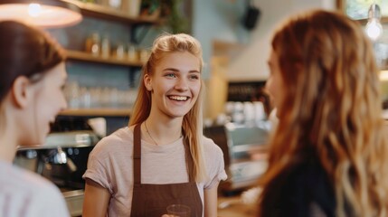 A smiling barista in an apron takes an order from a customer