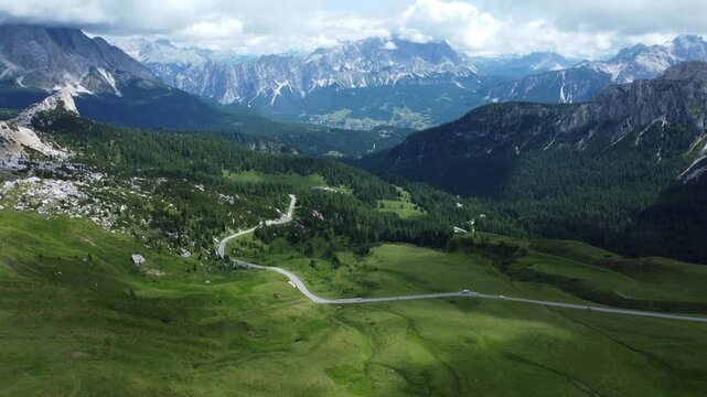 Drone Aerial Flight Over Majestic Mountain Peaks Dolomites, Italy