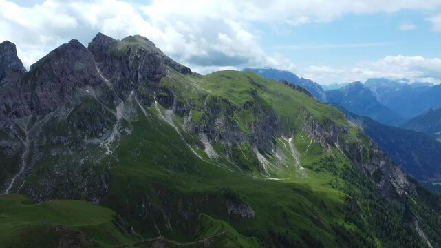 Drone Aerial Flight Over Majestic Mountain Peaks Dolomites, Italy