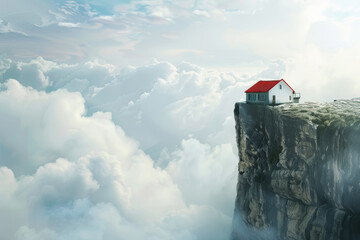A solitary house with a red roof standing on an isolated cliff amidst a sea of clouds, creating a whimsical and serene atmosphere high above the world.