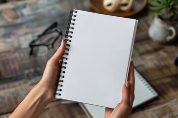 a woman holding a spiral notebook with black spirals