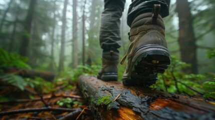 Adventurous hiker crossing fallen log in dense forest environment with blurred background