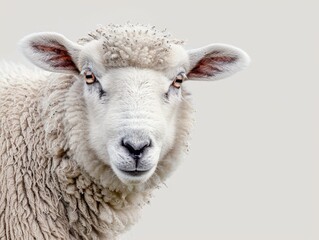 Obraz premium A white lamb sitting against a grey textured background, creating a serene and minimalistic composition. Suitable for modern designs, farm themes, and creative visuals.