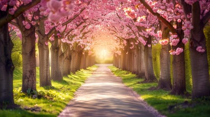 Blooming sakura alley  scenic park with rows of pink cherry blossom trees in spring