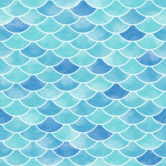 Mermaid scale watercolor seamless pattern vector. Fish scales pattern. Semicircles overlap in layers. Geometric pattern. Blue sea and underwater theme. beautiful design for decor, cover, print, card. © Ladawan