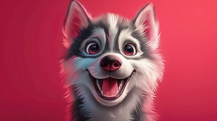 Obraz premium Adorable Smiling Cartoon Husky Puppy on Vibrant Magenta Background