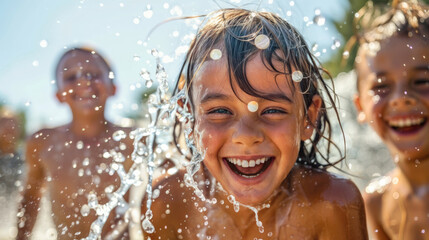 Happy joyful children playing with the water and enjoying a fun time in a hot summer day. Summer...