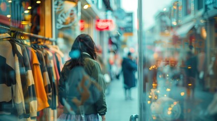 Fototapeta premium blurred light style. Urban Shopper's Adventure: Exploring Trendy Boutique Stores in Vibrant Neighborhood with Street Art Background Blur