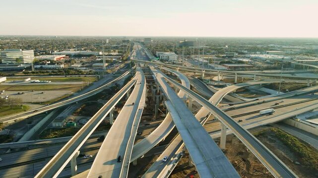 Aerial Drone Fly American Highway Intersection Interstate Freeway 69 and 610 at Daylight, Galleria area of Mid town Houston Texas