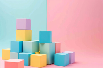 Obraz premium Stacked pastel and bright colored cubes against a split pink and blue pastel background, creating a playful and modern look.