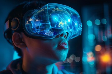 Obraz premium Young researcher in VR goggles, navigating a virtual globe on a transparent screen