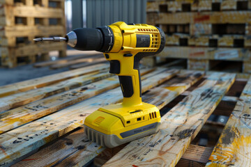 A yellow power drill placed on a worn wooden pallet, suggesting a scene of construction or DIY projects.