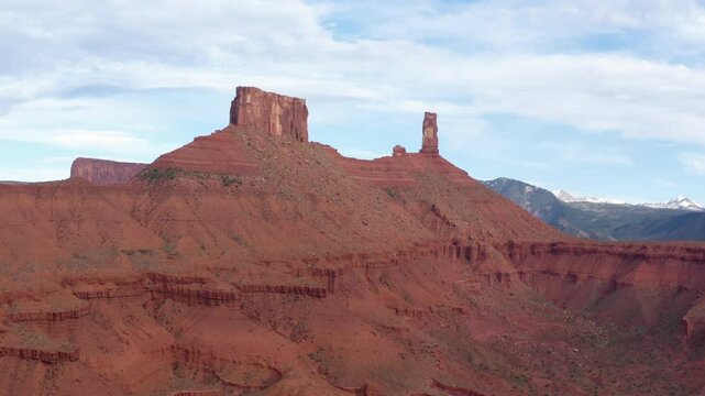 Large Natural rock formation, Parriot Mesa, in Utah desert, Moab. Aerial forwards shot