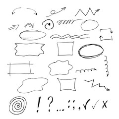 set doodles outline arrows, frames, zigzags, signs, dots, commas hand-drawn with a black pen
