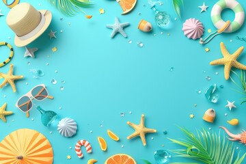 Vibrant Summer Vacation Design for Print, Card, Poster with Starfish, Sunglasses, and Beach Accessories