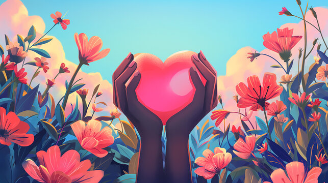 Person holding heart Hands holding heart shape paper family cutout, focusing on the symbolism of unity and love, in a serene outdoor park with blooming flowers and a clear blue sky.