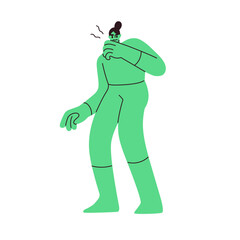 Disgusted expression, green character. Dislike and aversion emotion, repulsion feeling. Hate concept. Person loathing, vomiting from revulsion. Flat vector illustration isolated on white background