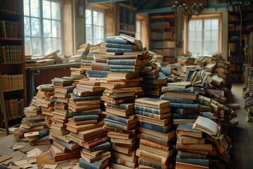 Fototapeta premium A large pile of books sits in the middle of a library, overflowing with stories and knowledge