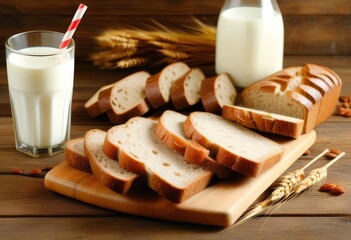 A cutting board with sliced rye bread and a glass of milk on a wooden background.