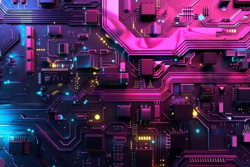 Fototapeta premium Digital circuit board in muted neon pink, purple, blue, black and gold color