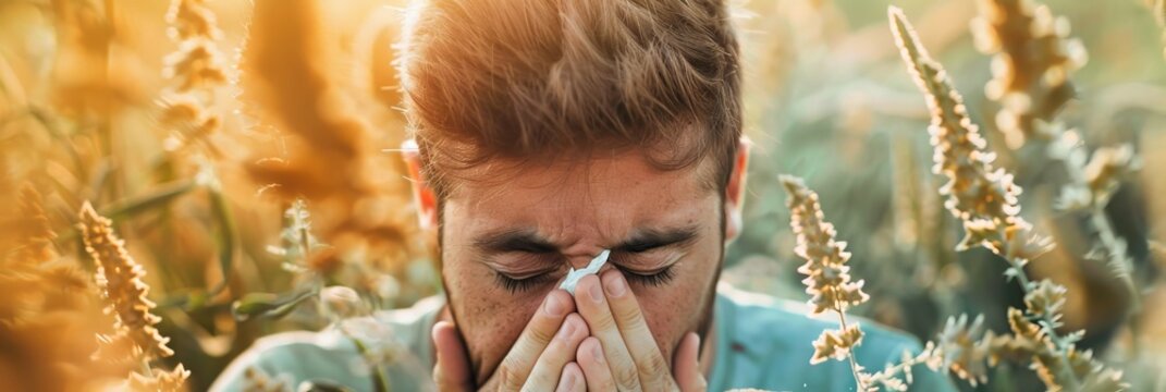 Young man sneezes because of an allergy to ragweed