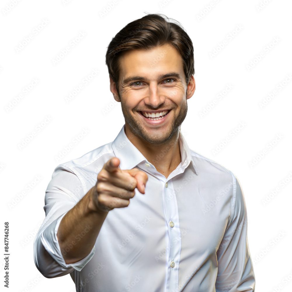 Poster smiling man pointing finger isolated on transparent background